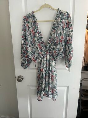 Vici White Floral Chiffon Tie-Front Dress with Blue and Green Accents